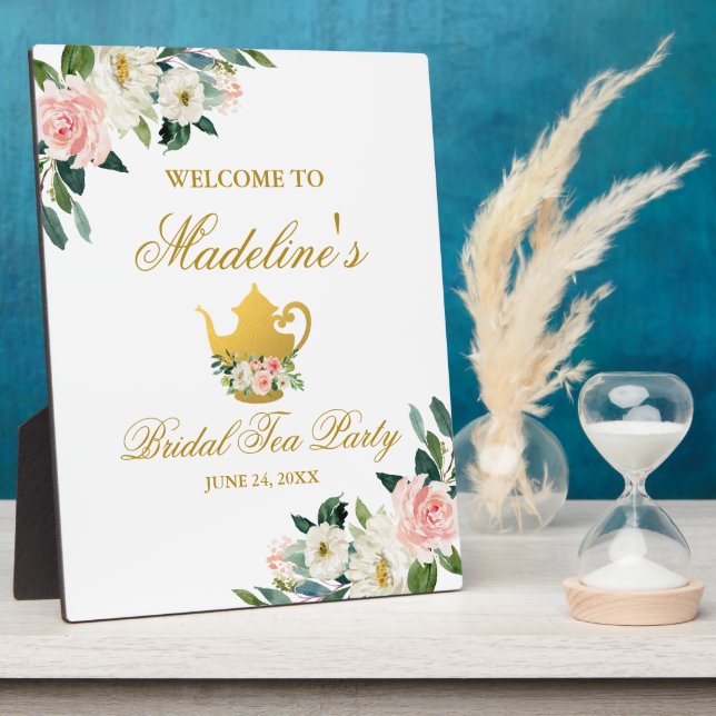 Bridal Shower Tea Party Pink Floral Gold Welcome Plaque (Side)