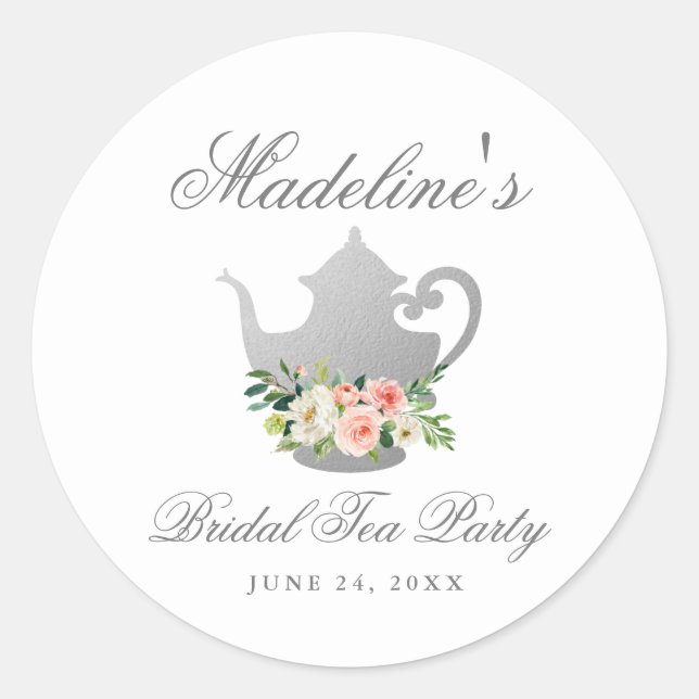 Bridal Shower Tea Party Pink Floral Silver Classic Round Sticker (Front)