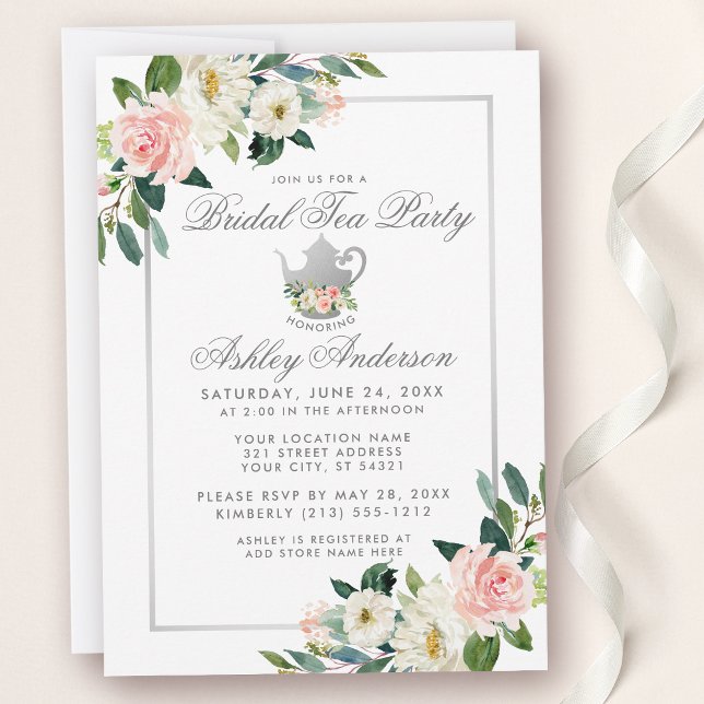 Bridal Shower Tea Party Pink Floral Silver Invite (Customize to change text color or text style.)