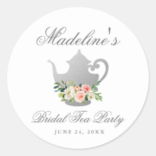 Bridal Shower Tea Party Pink Floral Silver Small Classic Round Sticker