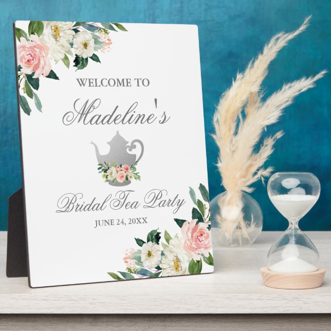 Bridal Shower Tea Party Pink Floral Silver Welcome Plaque (Side)