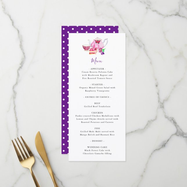 Bridal Shower Tea Party Purple Teapot Menu (Front/Back In Situ)