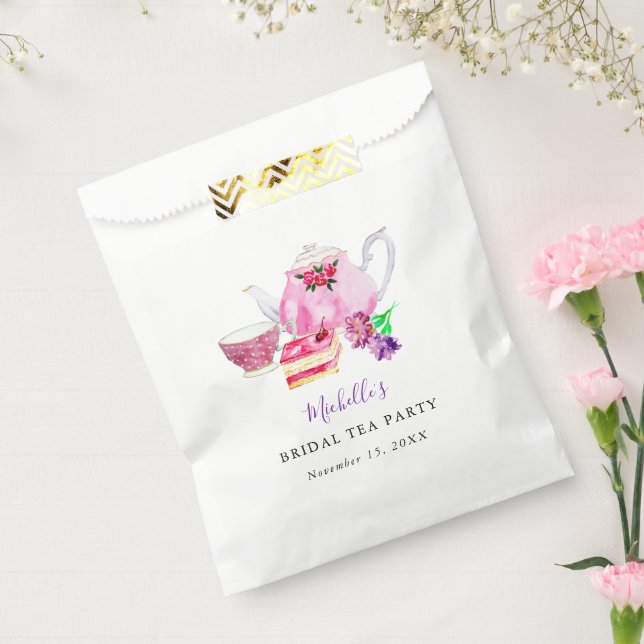 Bridal Shower Tea Party Purple Teapot  Watercolor Favour Bag (Sealed)
