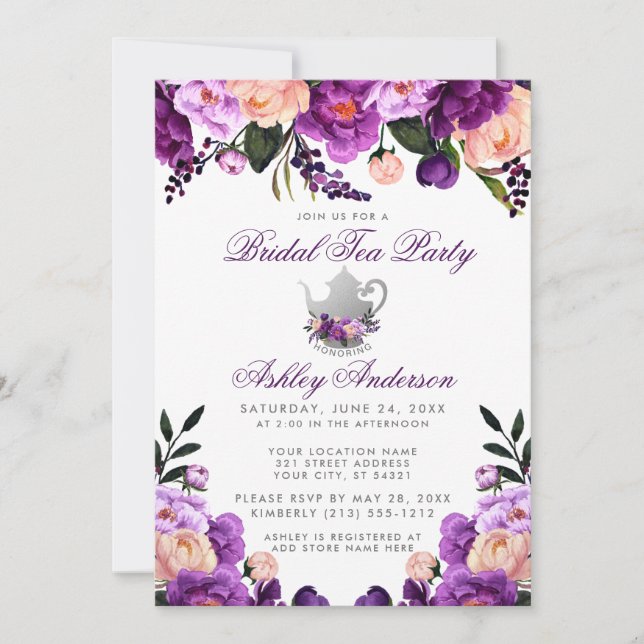 Bridal Shower Tea Party Purple Ultra Violet Invite (Front)