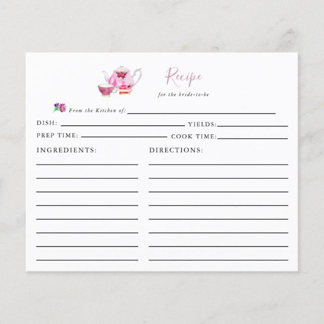 Bridal Shower Tea Party Recipe Card Pink Script (Front)