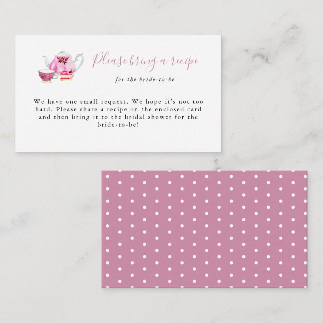 Bridal Shower Tea Party Recipe Request Card Pink (Front/Back)