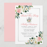 Bridal Shower Tea Party Silver Floral Pink Invite