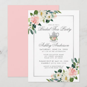 Bridal Shower Tea Party Silver Pink Floral Invite