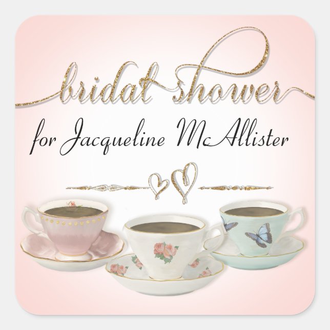 Bridal Shower Tea Party Teacups n Saucers Pink Square Sticker (Front)