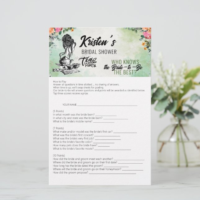Bridal Shower Tea Party Who Knows Best Game Card (Standing Front)