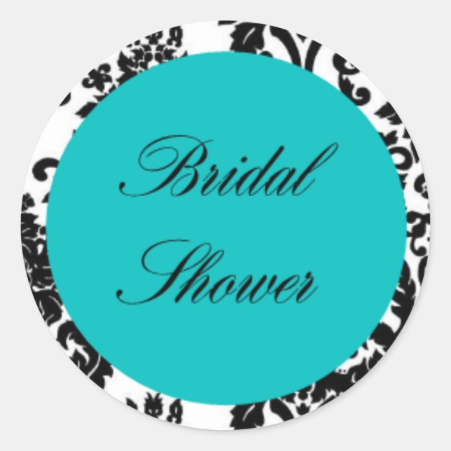 Bridal Shower Teal damask Round lables candy kiss Classic Round Sticker (Front)