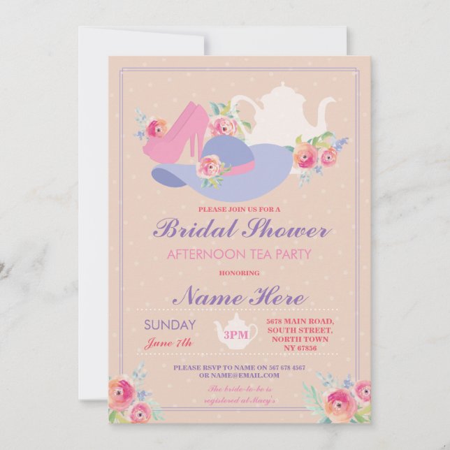 Bridal Shower Teapot Hat Shoes Bachelorette Party Invitation (Front)