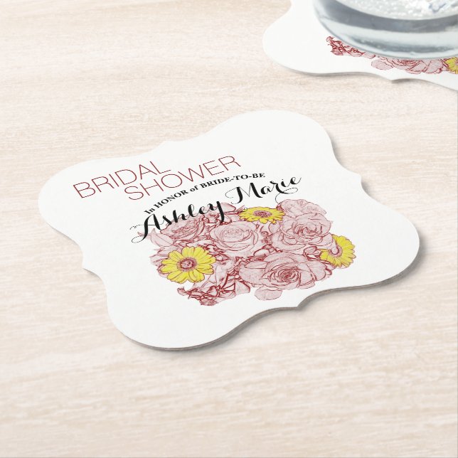 Bridal Shower Terra  Cotta Outline Bouquet Custom Paper Coaster (Angled)