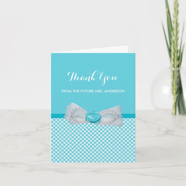 Bridal Shower Thank You Chic Aqua Gingham Cute Bow (Front)