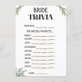 Bridal Shower Trivia Game Card