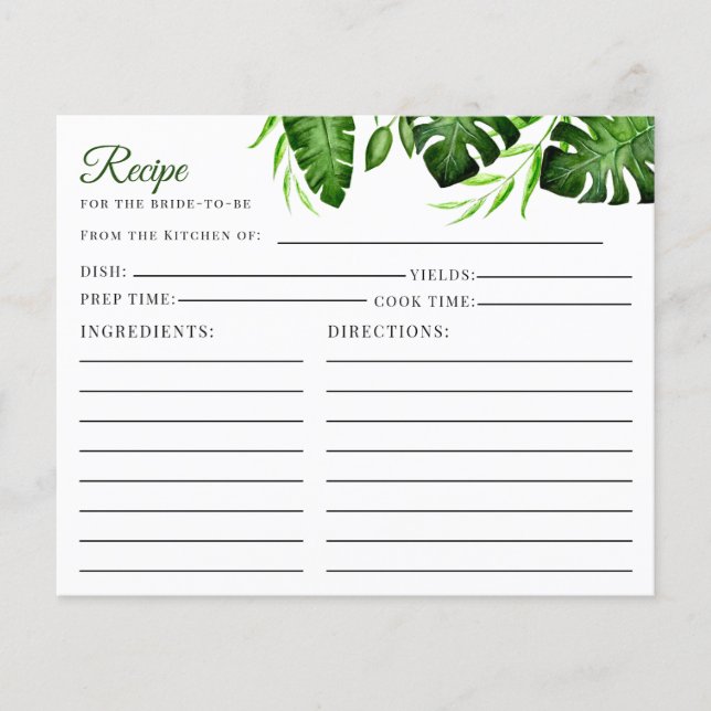 Bridal Shower Tropical Jungle Leaves Recipe Card  (Front)