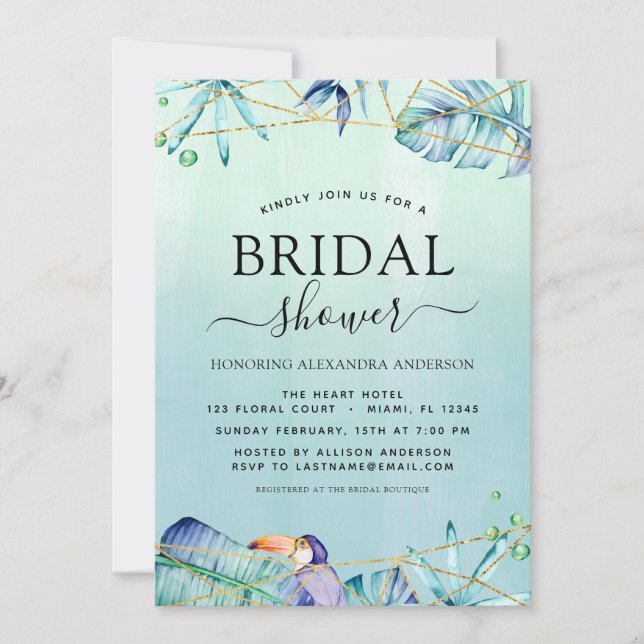 Bridal Shower Tropical Palm Watercolor Toucan Invitation (Front)
