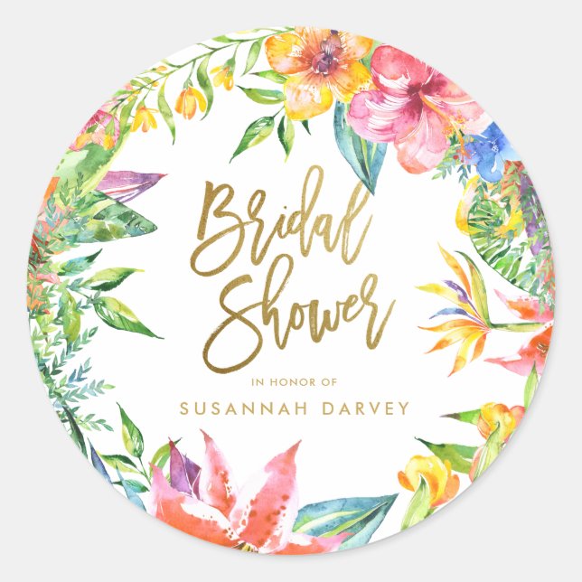 Bridal Shower | Tropical Watercolor Gold Script Classic Round Sticker (Front)