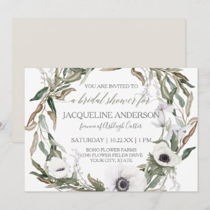 Bridal Shower Watercolor Anemone Olive Leaf Wreath Invitation