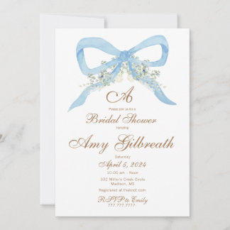 Bridal Shower Watercolor Blue Ribbon Invitation