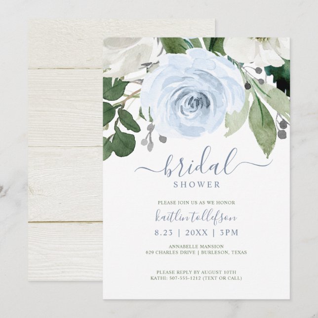 Bridal Shower Watercolor Bouquet Dusty Blue Invitation (Front/Back)
