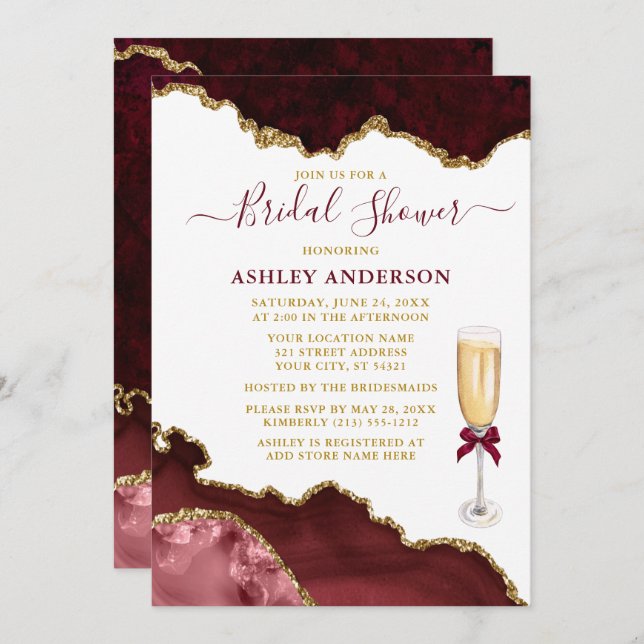 Bridal Shower Watercolor Burgundy Marble Geode Invitation (Front/Back)