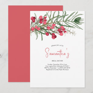 Bridal Shower Watercolor evergreen and Red Berries Invitation
