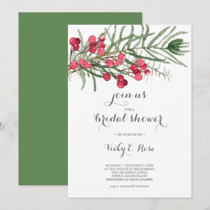 Bridal Shower Watercolor Evergreen and Red Berries Invitation