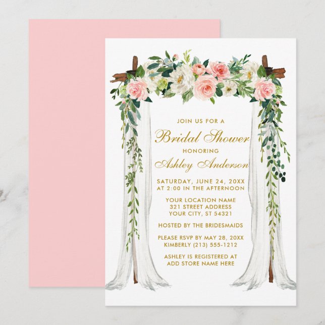 Bridal Shower Watercolor Floral Canopy Pink Gold Invitation (Front/Back)