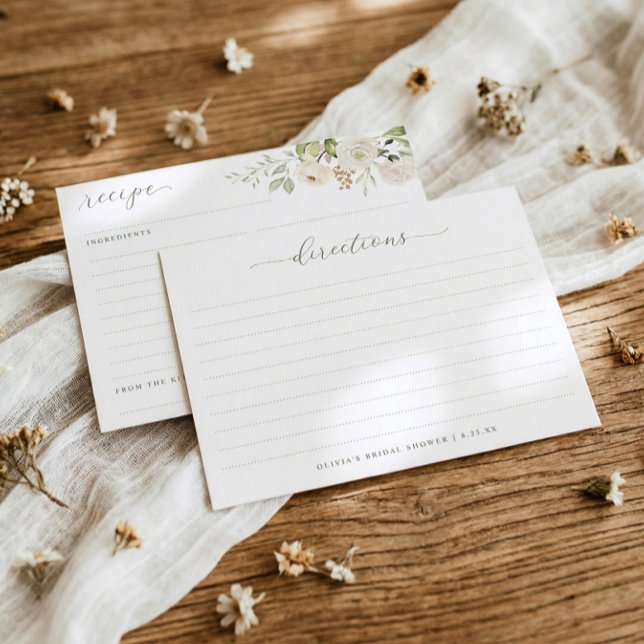 Bridal Shower Watercolor Floral Greenery Recipe Enclosure Card (Elegant bridal shower recipe cards with watercolor white flowers and greenery - double sided)