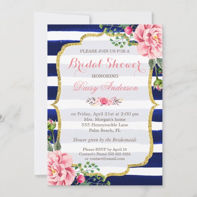 Bridal Shower Watercolor Floral Navy Blue Stripes Invitation (Front)