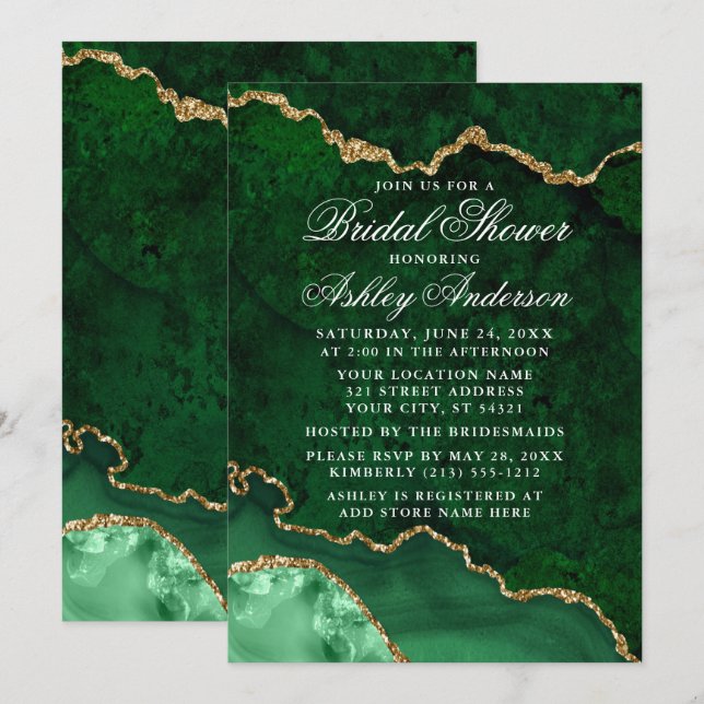 Bridal Shower Watercolor Green Gold Marble Geode Invitation (Front/Back)