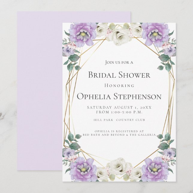 BRIDAL SHOWER | Watercolor Lavender Peonies Frame Invitation (Front/Back)