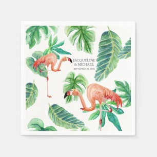 Bridal Shower Watercolor Pink Flamingo Leaf Napkin