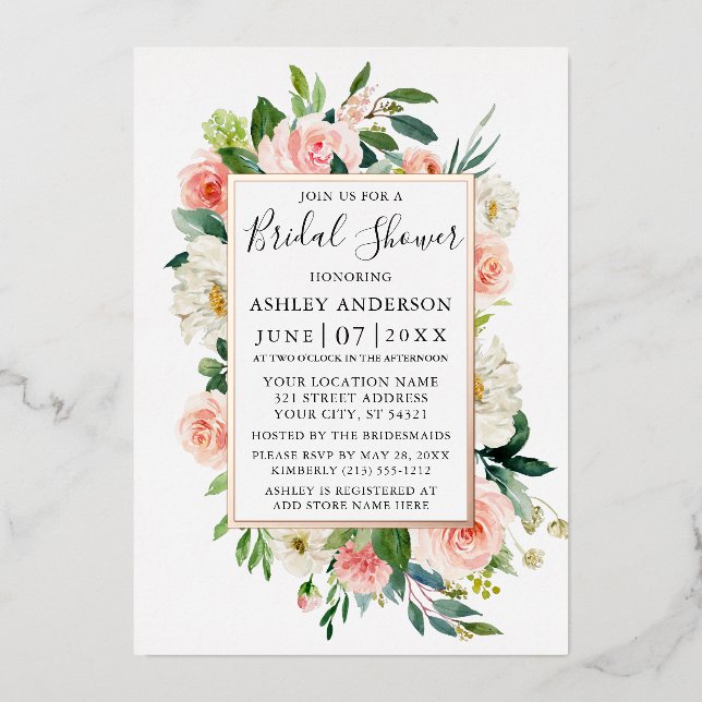 Bridal Shower Watercolor Pink Floral Rose Gold (Front)