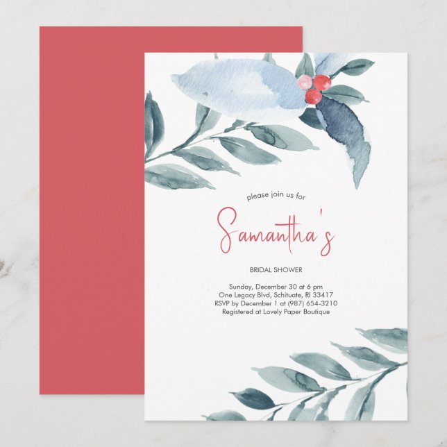 Bridal Shower Watercolor Red Berries Holiday Party Invitation (Front/Back)