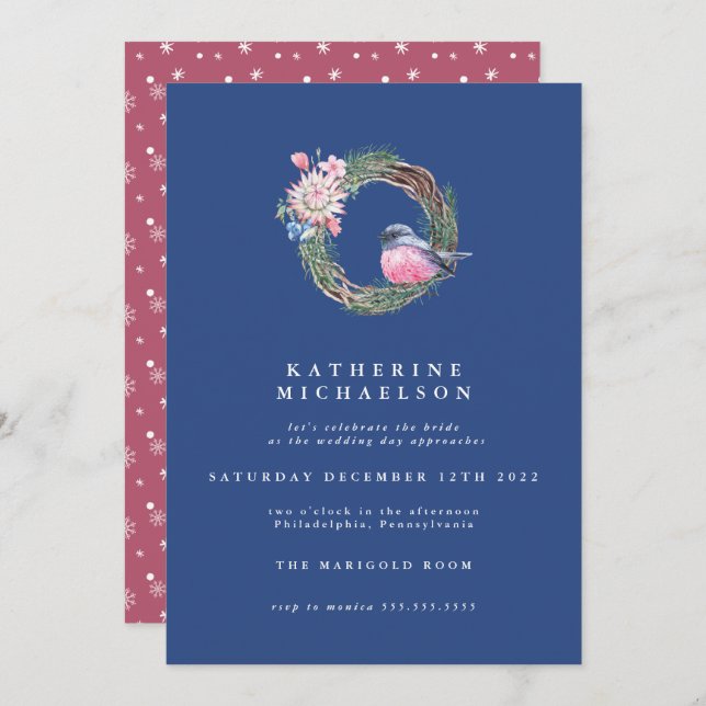 BRIDAL SHOWER | Watercolor Winter Sparrow Wreath  Invitation (Front/Back)