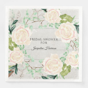 Bridal Shower Watercolor Wood Floral Ivory Roses Napkin
