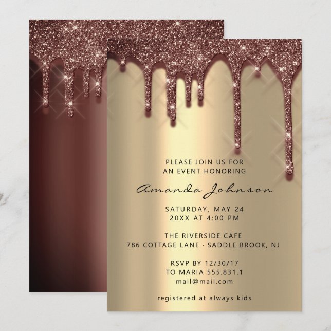 Bridal Shower Wedding Birthday Gold Brown  Drips Invitation (Front/Back)