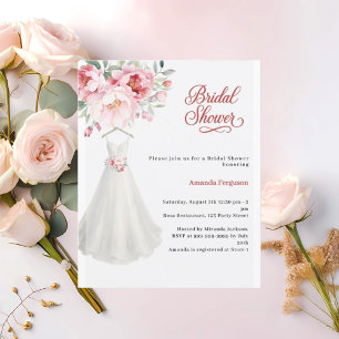 Bridal shower wedding dress pink floral invitation