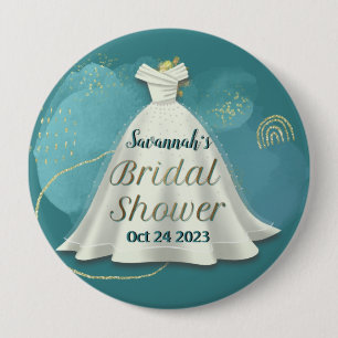 Bridal Shower Wedding Gown Deep Teal Gold Glitter 4 Inch Round Button