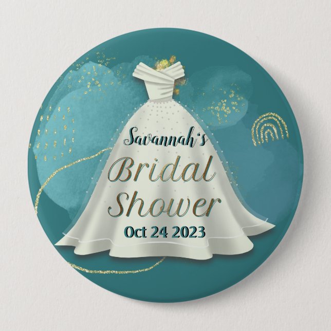Bridal Shower Wedding Gown Deep Teal Gold Glitter  4 Inch Round Button (Front)