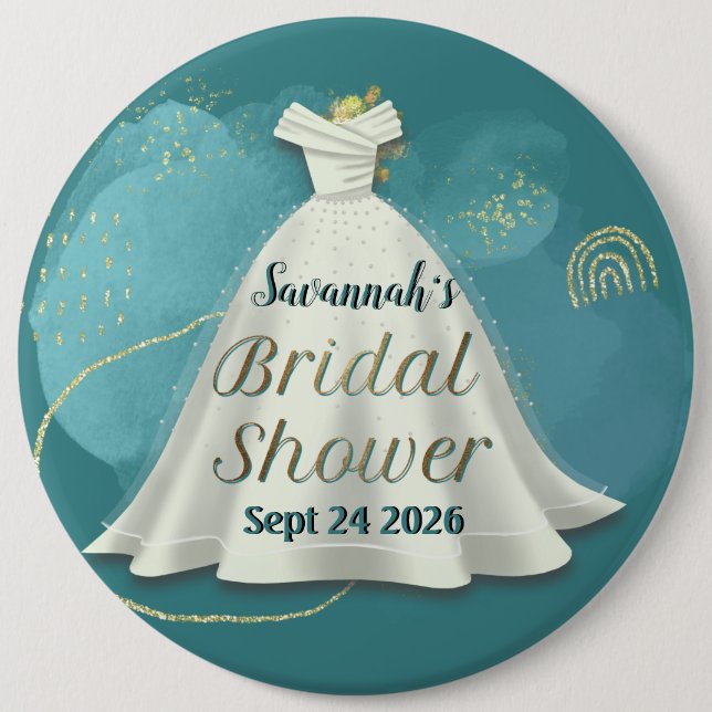 Bridal Shower Wedding Gown Deep Teal Gold Glitter  6 Inch Round Button (Front)