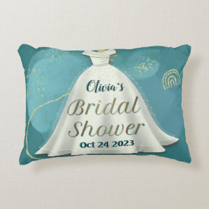 Bridal Shower Wedding Gown Deep Teal Gold Glitter Accent Pillow
