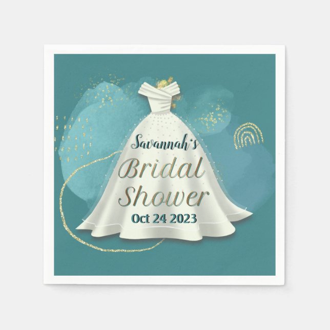 Bridal Shower Wedding Gown Deep Teal Gold Glitter  Napkin (Front)
