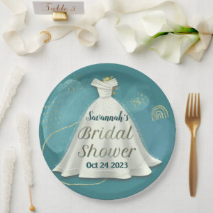 Bridal Shower Wedding Gown Deep Teal Gold Glitter  Paper Plate