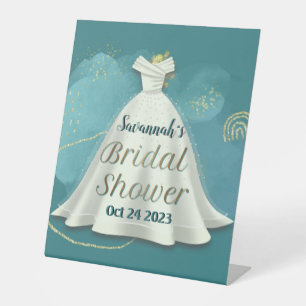 Bridal Shower Wedding Gown Deep Teal Gold Glitter  Pedestal Sign