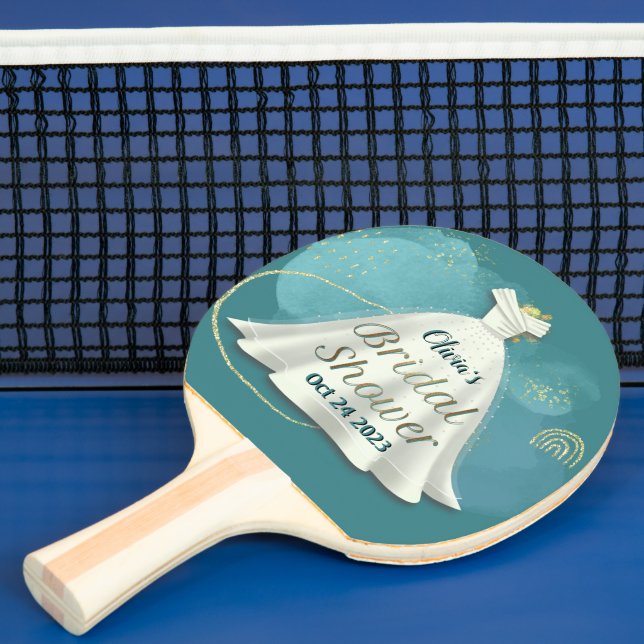 Bridal Shower Wedding Gown Deep Teal Gold Glitter  Ping Pong Paddle (Insitu)