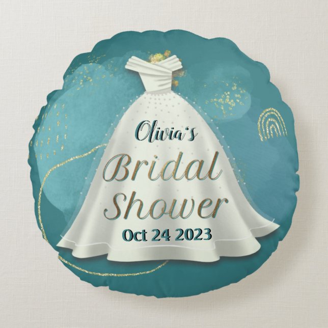Bridal Shower Wedding Gown Deep Teal Gold Glitter  Round Pillow (Front)