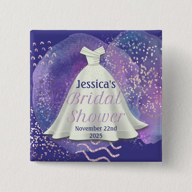 Bridal Shower Wedding Gown Purple & Rose Gold Glam 2 Inch Square Button (Front)